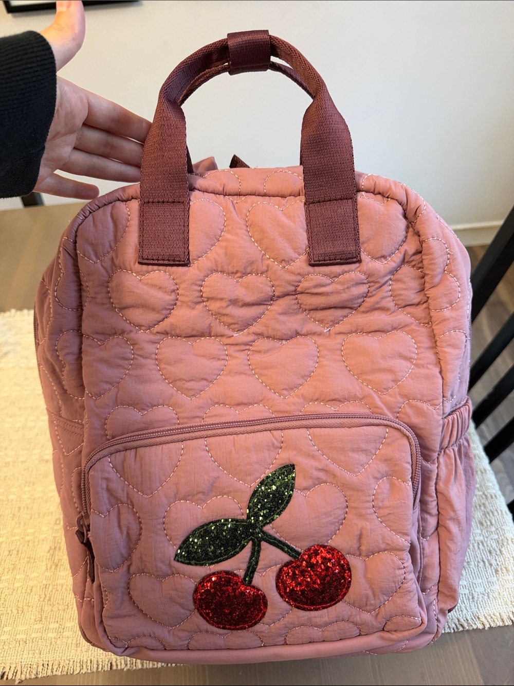H&M Quilted Heart Backpack in Dusty Pink with Glitter Cherry